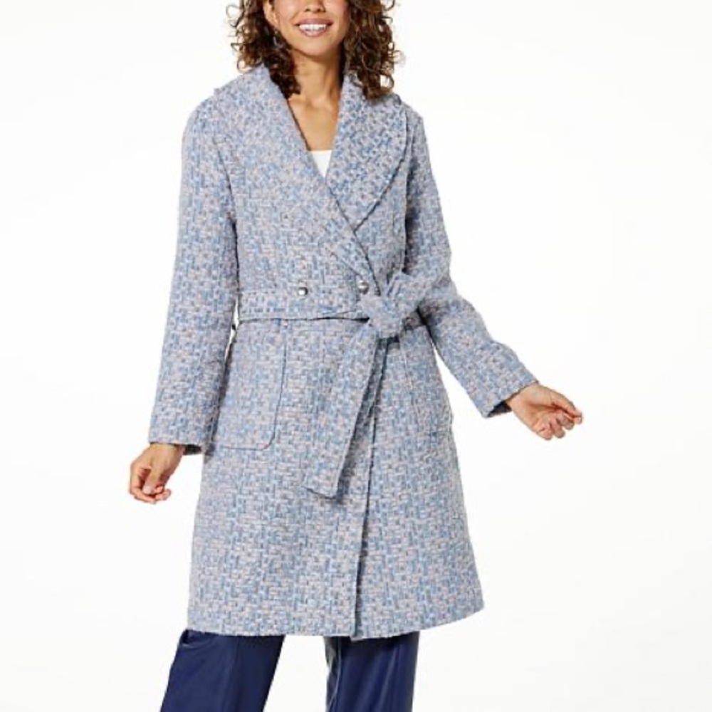 Women's Blue Tweed Belted Coat